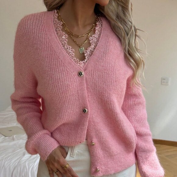 Pink Casual Women's V Neck Cardigan with Lace Trim - Picture 1 of 8